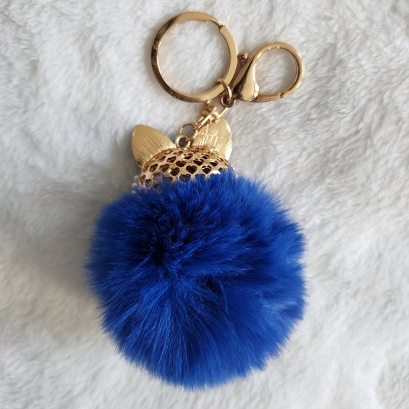 Blue Fox Pom Pom Rhinestone Keychain Bag Charm - Picture 3 of 3